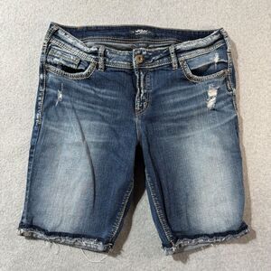 Silver Bermuda Womens 16 Suki Stretch Western Embroidered Solid Blue Washed